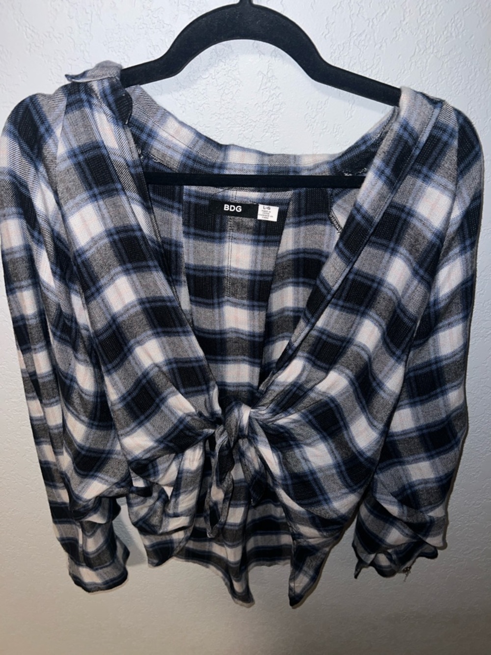 BDG Navy and White Plaid Tie-Front Button Down Top